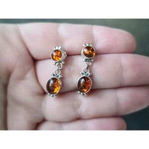 925 Sterling Silver Amber Beaded Dangling Pierced Earrings Vintage READ